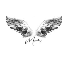 an angel wing with the word mom written on it