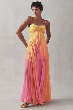 Like a beautiful sunset at the end of the day, the Delfi Collective Nicole Ombre Chiffon Maxi Dress is a true stunner. Delight in the sweetheart neckline, adjustable lace-up back, and diaphanous pleated A-line silhouette. | Nicole Ombre Chiffon Lace-Up Maxi Dress by Delfi Collective in Yellow, Women's, Size: Large, Polyester/Chiffon at Anthropologie Sunset Color Dress, Beach Wedding Dress Guest, Sunset Dresses, Cocktail Wedding Attire, Sunset Outfit, Beach Wedding Outfit, Vacation Fits, Official Dresses, Beach Wedding Guest Dress