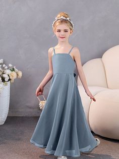 Dusty_Blue Bridesmaid Dresses With Bow, Bridesmaid Games, Dresses With Bow, Orange Orchid, Junior Bridesmaids, White Wisteria, Sophisticated Dress, Junior Bridesmaid Dresses, Junior Bridesmaid