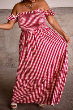 Charlotte Maxi Dress - Red Gingham Dress With Smocked Bodice And Short Sleeves, Gingham Short Sleeve Dress With Smocked Bodice, Short Sleeve Gingham Dress With Smocked Bodice, Gingham Dress With Ruffle Hem And Square Neck, Short Sleeve Gingham Smocked Dress, Fitted Gingham Smocked Dress With Short Sleeves, Short Sleeve Gingham Smocked Dress For Summer, Summer Plaid Smocked Dress With Ruffles, Spring Gingham Smocked Dress With Short Sleeves