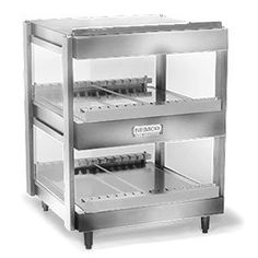 an image of a commercial food warmer with four trays on each side and three shelves