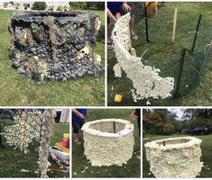 several pictures of the different stages of making a fake rock wall in a garden area