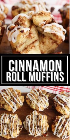 cinnamon roll muffins with white frosting on top and the title overlay