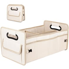 two white storage bins with handles on each side and an open one in the middle