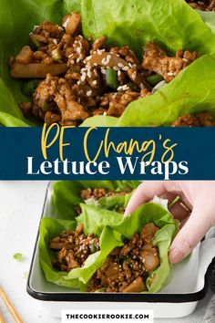 lettuce wraps with meat and sesame seeds in them on a white plate next to chopsticks