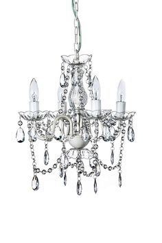 a white chandelier with crystal drops hanging from it's center and two lights on each side