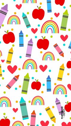 colorful crayons, apples, and rainbows on a white background with hearts