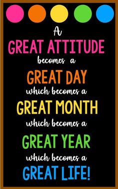 a poster with the words great attitude in different colors and font, on a black background