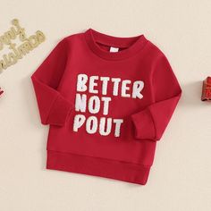 Includes: SweaterMaterial: Cotton BlendGender: Boys & GirlsPattern: LettersSleeve Length: LongSummary: Baby Toddler Long Sleeve Embroidered Red Jolly Vibes or Better Not Pout Christmas Sweater Xmas Letter, Better Not Pout, Red Christmas Sweater, Boys Christmas Outfits, Toddler Sweater, Embroidery Sweatshirt, Toddler Christmas, Holiday Baby, Organic Baby Clothes