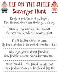 an elf on the shelf scavenger hunt is shown in this printable activity