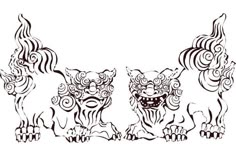 three chinese lions with intricate designs on their body