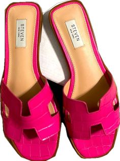 Chic Pink Slip-on Sandals, Pink Flat Heels For Vacation, Pink Open Heel Sandals For Vacation, Chic Pink Sandals With Cushioned Footbed, Pink Open Heel Sandals With Cushioned Footbed, Pink Slip-on Heels For Vacation, Pink Steven, Steve Madden Shoes, Bright Pink