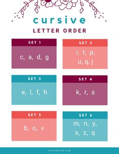 the cursive letter order poster is shown with flowers and leaves in different colors