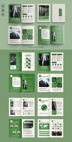 a green and white brochure is shown in this graphic style, with several different sections