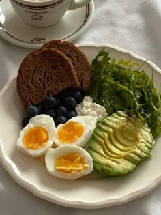 an egg, avocado, bread and blueberries are on a plate next to a cup of coffee