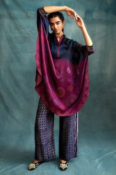 Blue and magenta kaftan with bandhej block print. - Aza Fashions Traditional Purple Silk Kaftan, Festive Purple Silk Kaftan, Festive Silk Purple Kaftan, Traditional Purple Kaftan For Festive Occasions, Traditional Purple Dabka Kaftan, Purple Bohemian Kurta For Eid, Bohemian Purple Kaftan For Festive Occasions, Purple Bohemian Kaftan For Festive Occasions, Purple Bohemian Festive Kaftan