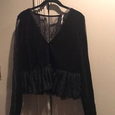 Beautiful Black Lace And Velvet Blouse From Free People Flirty Black Top For Fall, Flirty Black Top For Going Out, Edgy Stretch Blouse For Night Out, Flirty Black Blouse For Date Night, Flirty Black Top For Date Night, Sheer V-neck Top For Date Night, Flirty Sheer Top For Night Out, Edgy Black Party Blouse, Velvet Blouse