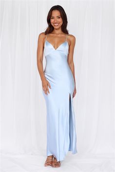 Length from top of bust to hem of size S: 125cm. 
 Chest: 38cm, Waist: 31cm, across front only of size S. 
 Maxi dress. 
 Lined. 
 Model is a standard XS and is wearing size XS. 
 True to size. 
 Non-stretch. 
 Luxurious satin. 
 V-neckline. 
 Open back with crisscross tie-up. 
 Elastic back. 
 Split to skirt. 
 Straight, flowy silhouette. 
 Zipper with hook eye closure.  
 Cold hand wash only. 
 Polyester. 
 This material is very delicate. Please handle with care. 
 Please Note: This product is Blue Beachy Bridesmaid Dress, Beachy Bridesmaid Dresses, Mismatched Bridesmaid Dresses Blue, Baby Blue Bridesmaid Dresses, Light Blue Bridesmaid Dresses, Bridesmaid Dresses Satin, Skirt Straight, Floral Prom Dresses, Baby Blue Dresses