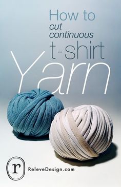 two balls of yarn sitting next to each other on top of a white surface with the words how to cut continuous t - shirt yarn