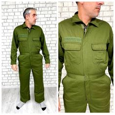 Military Coveralls L  mens Jumpsuit mens Overalls Military Clothing One Piece Khaki Coveralls Army uniform military uniform utility  35% COTTON 65% polyester height of the woman in the photo - 180 cm Please refer to photos for details of condition.  Condition: very good vintage Measurements : Length: 157 cm/61.8" Inseam 76 cm/30" Sleeve : 62 cm/24.4" Shoulder to shoulder: 50 cm/ 19.7 " Bust:  120 cm/47.2" Waist 94 cm/37" Hips: 116 cm/45.7" Size S note The color on the pictures may vary due to mo Military Overalls With Pockets For Outdoor, Khaki Utility Jumpsuits And Rompers, Military Style Jumpsuits And Rompers With Pockets, Fitted Utility Overalls, Khaki Long Sleeve Utility Overalls, Military Style Green Overalls With Pockets, Military Green Overalls With Pockets, Green Utility Overalls For Workwear, Mens Jumpsuit