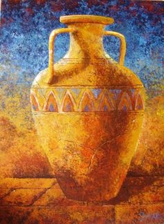 a painting of a yellow vase sitting on top of a tile floor in front of a blue sky