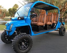 a blue golf cart with leather seats parked in front of a lake and palm trees