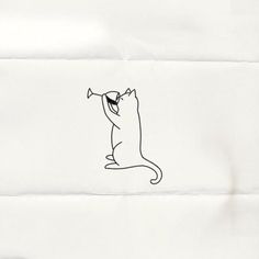 a black and white drawing of a cat with a trumpet in it's mouth