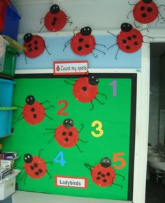 the ladybugs are hanging on the wall in front of the classroom's door