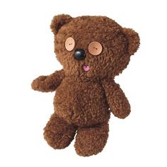 a brown teddy bear hanging from the ceiling with its tongue out and eyes wide open