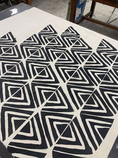 a large black and white rug sitting on top of a table