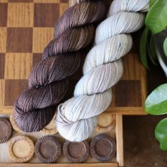 three skeins of yarn sitting on top of a wooden board next to a potted plant