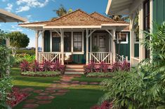 an artist's rendering of a small house in the middle of flowers and grass