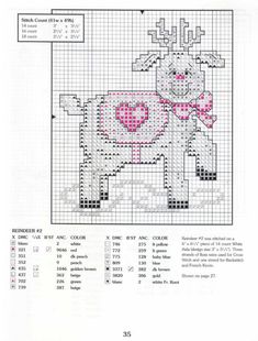 a cross stitch pattern with a dog on it's back and pink heart in the middle