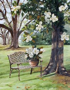 a painting of a park bench with flowers in the basket on it next to a tree