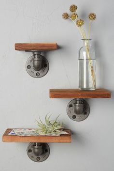 two wooden shelves with plants and vases in them on top of each other, one shelf has an anthropolite