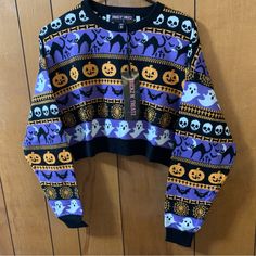 Brand New With Tag Nwt Dolls Kill X Trickz N' Treatz Night Of Spooks Crop Sweater Sweatshirt Long Sleeve Top Shirt Tee Size Small / S Trickz N' Treatz Night Of Spooks Crop Sweater Ghouls And Goblins, Oh My! This Long Sleeve Fairisle Sweater Has A Cropped Fit And Graphics Of Pumpkins, Bats, And Ghosts All Over. Multicolored 100% Cotton Machine Washable Purple Crew Neck Sweater For Loungewear, Cute Purple Winter Top, Purple Winter Loungewear Sweater, Cute Purple Tops For Loungewear, Purple Crew Neck Top For Halloween, Halloween Sweater Outfit, Witch Sweater, Aeropostale Sweater, Sparkly Sweater