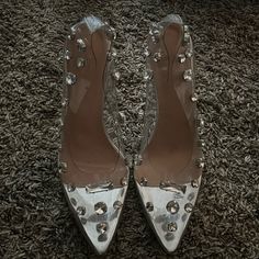 Clear Diamond Heels I Purchased Them From A Boutique In California! Brand New Never Worn! The Size Says 42 But It Could Fit A 41! Stretchy! Super Classy And Cute! Silver And Clear! Gold Strap Heels, Diamond Heels, Metallic Pumps, Glass Slippers, Green Heels, Ankle Strap Wedges, Tan Heels, Blue Heels, Glass Slipper