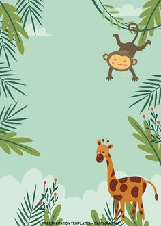 a giraffe and a monkey in the jungle with palm leaves, berries and plants