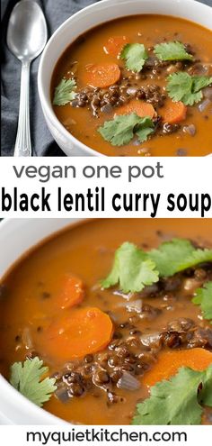 two pictures of black lentil soup with carrots and cilantro on the side