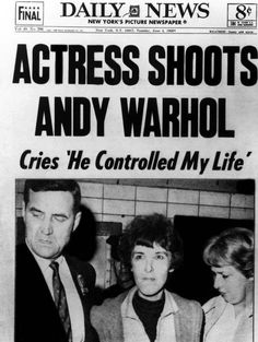 the front page of daily news with an image of andy warhol and his wife