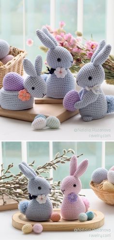 crocheted stuffed animals sitting on top of a table