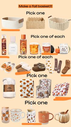 an orange and white poster with many different items on the bottom right hand corner, including coffee mugs