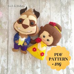 PDF and SVG sewing pattern to make 15 cm felt dolls inspired in Beauty and the Beast. This is a digital tutorial for beginners.   Included step by step instructions, pictures and full size pattern pieces. (no need to enlarge or resize). Included two size template It's completely hand sew and you don't need a sewing machine. THIS IS NOT A FINISHED TOY. THIS IS A PDF PATTERN DOWNLOAD. All needed materials you must to purchase yourself. Approx. size of toy is about 15 cm tall PDF tutorial includes: Felt Princess, Felt Doll Pattern, Princess Pattern, Digital Tutorial, Felt Toys Patterns, Baby Mobil, Princess Beauty, Easter Bunny Plush, Felt Ornament