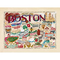 a map of boston with all the major cities and their famous names on it's side