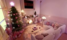 a living room filled with white furniture and christmas tree in the corner next to a fire place