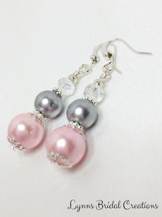 Pink Pearl Jewelry, Bridesmaid Earrings Silver, Anting Manik, Pearl Bridesmaid Jewelry, Pink Jewelry Set, Grey Pearl Earrings, Pink Pearl Earrings, Pink Crystal Earrings, Beaded Earrings Diy