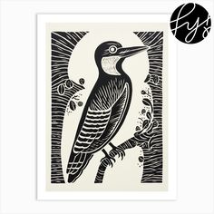 a black and white drawing of a bird on a tree branch with the letter s above it