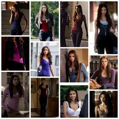 many different pictures of the same woman in various outfits and hair styles, including one with long dark brown hair