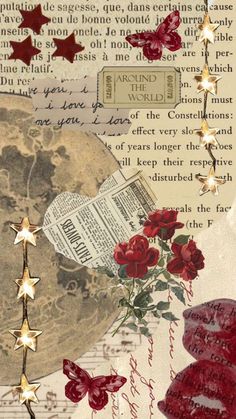 an altered collage with red roses and stars on it's side, along with the words i love you to the moon