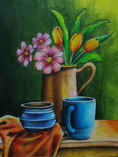 a painting of flowers in a pitcher and two cups